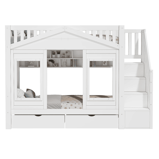 Beliche infantil alto 90x200 cm - cama elevada em madeira maciça com grade de segurança, escada com espaço de arrumação e janela - branco Beliche infantil alto 90x200 cm - cama elevada em madeira maciça com grade de segurança, escada com espaço de arrumação e janela - branco
