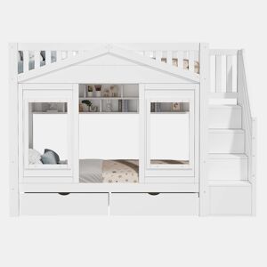 Beliche infantil alto 90x200 cm - cama elevada em madeira maciça com grade de segurança, escada com espaço de arrumação e janela - branco