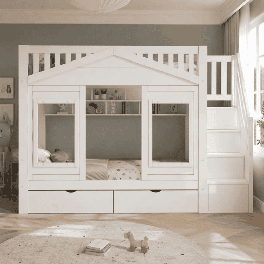 Beliche infantil alto 90x200 cm - cama elevada em madeira maciça com grade de segurança, escada com espaço de arrumação e janela - branco Beliche infantil alto 90x200 cm - cama elevada em madeira maciça com grade de segurança, escada com espaço de arrumação e janela - branco