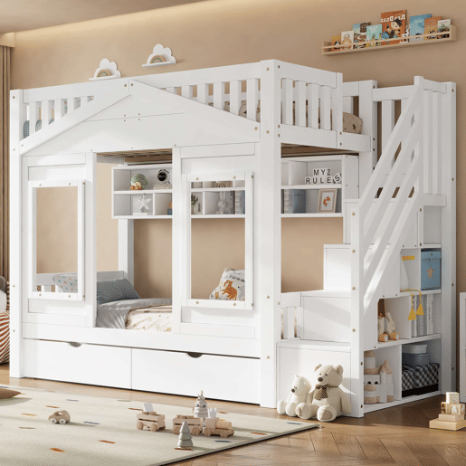 Beliche infantil alto 90x200 cm - cama elevada em madeira maciça com grade de segurança, escada com espaço de arrumação e janela - branco Beliche infantil alto 90x200 cm - cama elevada em madeira maciça com grade de segurança, escada com espaço de arrumação e janela - branco