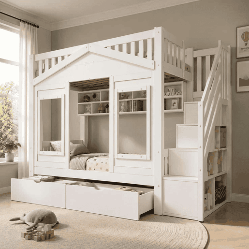 Beliche infantil alto 90x200 cm - cama elevada em madeira maciça com grade de segurança, escada com espaço de arrumação e janela - branco Beliche infantil alto 90x200 cm - cama elevada em madeira maciça com grade de segurança, escada com espaço de arrumação e janela - branco