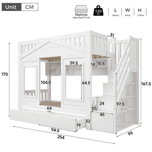 Beliche infantil alto 90x200 cm - cama elevada em madeira maciça com grade de segurança, escada com espaço de arrumação e janela - branco Beliche infantil alto 90x200 cm - cama elevada em madeira maciça com grade de segurança, escada com espaço de arrumação e janela - branco