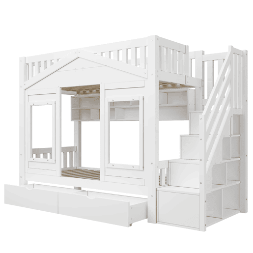 Beliche infantil alto 90x200 cm - cama elevada em madeira maciça com grade de segurança, escada com espaço de arrumação e janela - branco Beliche infantil alto 90x200 cm - cama elevada em madeira maciça com grade de segurança, escada com espaço de arrumação e janela - branco