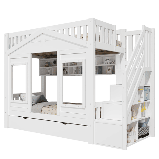 Beliche infantil alto 90x200 cm - cama elevada em madeira maciça com grade de segurança, escada com espaço de arrumação e janela - branco Beliche infantil alto 90x200 cm - cama elevada em madeira maciça com grade de segurança, escada com espaço de arrumação e janela - branco