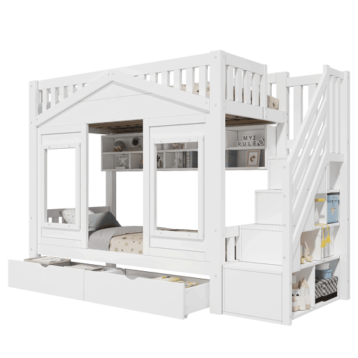 Beliche infantil alto 90x200 cm - cama elevada em madeira maciça com grade de segurança, escada com espaço de arrumação e janela - branco Beliche infantil alto 90x200 cm - cama elevada em madeira maciça com grade de segurança, escada com espaço de arrumação e janela - branco
