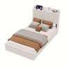 Cama individual 90x200 cm - hidráulica com espaço de arrumação, cabeceira estofada, base de cama, porta USB e luz de leitura - bege