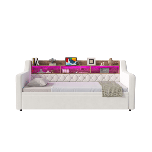 Sofá-cama 90 x 190 cm - cama extra extraível, veludo, arrumação, LED, USB e Type-C - Bege