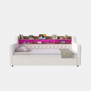 Sofá-cama 90 x 190 cm - cama extra extraível, veludo, arrumação, LED, USB e Type-C - Bege