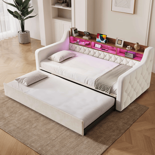 Sofá-cama 90 x 190 cm - cama extra extraível, veludo, arrumação, LED, USB e Type-C - Bege