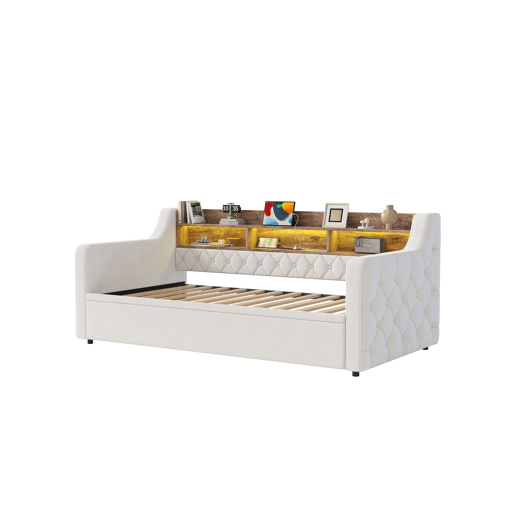 Sofá-cama 90 x 190 cm - cama extra extraível, veludo, arrumação, LED, USB e Type-C - Bege