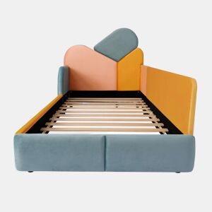 Cama infantil estofada 90x200 cm - cama individual baixa com cabeceira almofadada, proteção lateral elevada e barreira de segurança - azul multicolorido