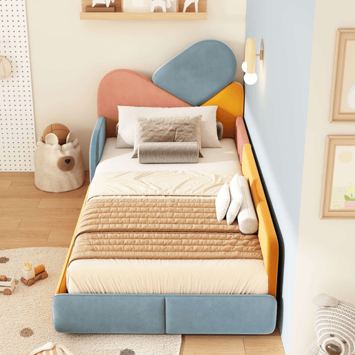 Cama infantil estofada 90x200 cm - cama individual baixa com cabeceira almofadada, proteção lateral elevada e barreira de segurança - azul multicolorido Cama infantil estofada 90x200 cm - cama individual baixa com cabeceira almofadada, proteção lateral elevada e barreira de segurança - azul multicolorido