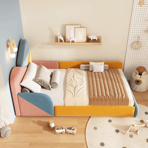 Cama infantil estofada 90x200 cm - cama individual baixa com cabeceira almofadada, proteção lateral elevada e barreira de segurança - azul multicolorido Cama infantil estofada 90x200 cm - cama individual baixa com cabeceira almofadada, proteção lateral elevada e barreira de segurança - azul multicolorido