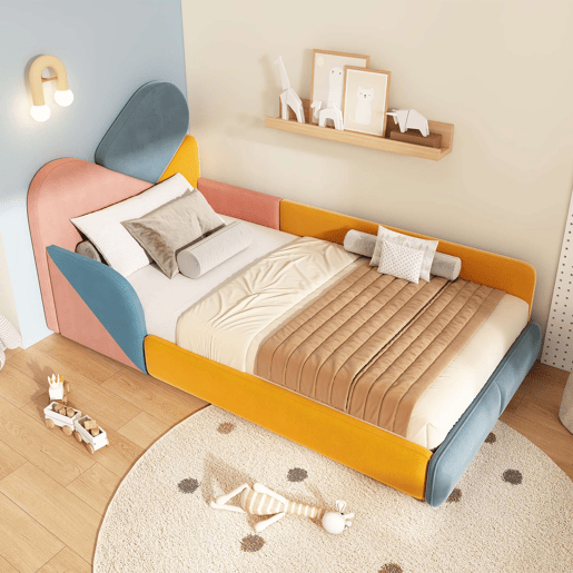 Cama infantil estofada 90x200 cm - cama individual baixa com cabeceira almofadada, proteção lateral elevada e barreira de segurança - azul multicolorido Cama infantil estofada 90x200 cm - cama individual baixa com cabeceira almofadada, proteção lateral elevada e barreira de segurança - azul multicolorido