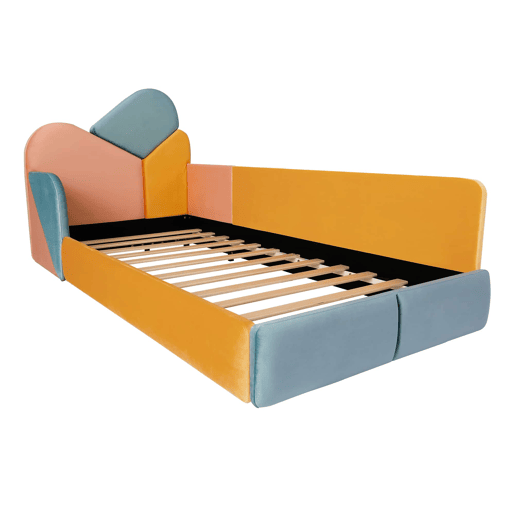 Cama infantil estofada 90x200 cm - cama individual baixa com cabeceira almofadada, proteção lateral elevada e barreira de segurança - azul multicolorido Cama infantil estofada 90x200 cm - cama individual baixa com cabeceira almofadada, proteção lateral elevada e barreira de segurança - azul multicolorido
