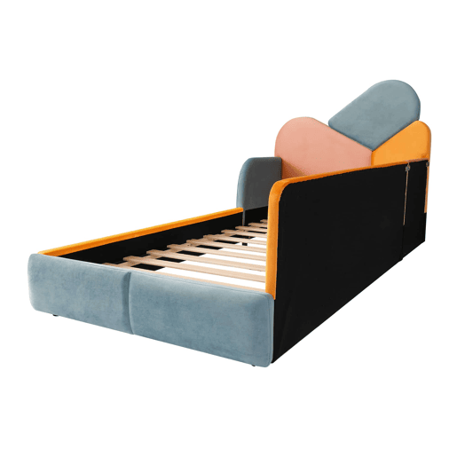 Cama infantil estofada 90x200 cm - cama individual baixa com cabeceira almofadada, proteção lateral elevada e barreira de segurança - azul multicolorido Cama infantil estofada 90x200 cm - cama individual baixa com cabeceira almofadada, proteção lateral elevada e barreira de segurança - azul multicolorido