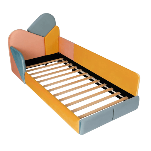 Cama infantil estofada 90x200 cm - cama individual baixa com cabeceira almofadada, proteção lateral elevada e barreira de segurança - azul multicolorido Cama infantil estofada 90x200 cm - cama individual baixa com cabeceira almofadada, proteção lateral elevada e barreira de segurança - azul multicolorido