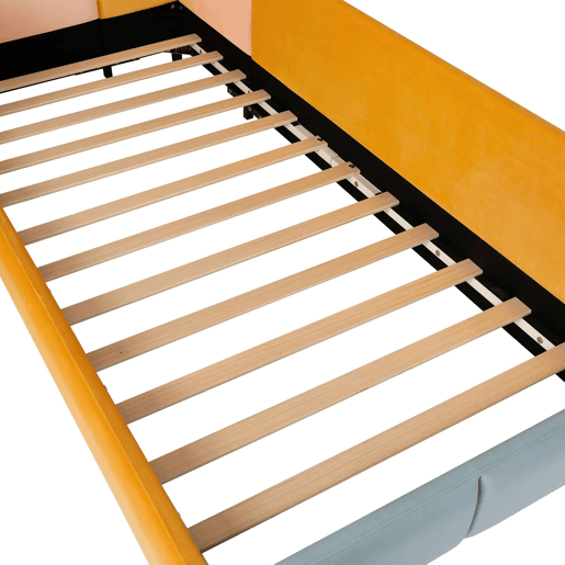 Cama infantil estofada 90x200 cm - cama individual baixa com cabeceira almofadada, proteção lateral elevada e barreira de segurança - azul multicolorido Cama infantil estofada 90x200 cm - cama individual baixa com cabeceira almofadada, proteção lateral elevada e barreira de segurança - azul multicolorido