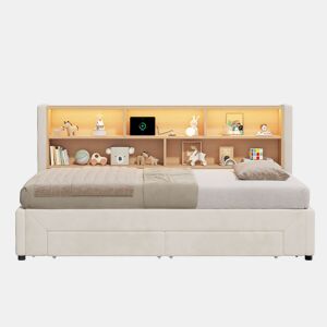 Sofá-cama para jovens 90 x 200 cm u2014 extensível até 180 cm, com 2 gavetas de arrumação, porta USB e luz LED, veludo u2014 bege