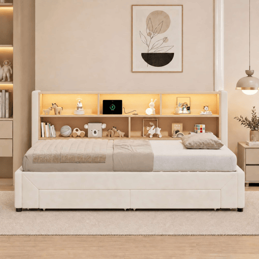Sofá-cama para jovens 90 x 200 cm u2014 extensível até 180 cm, com 2 gavetas de arrumação, porta USB e luz LED, veludo u2014 bege