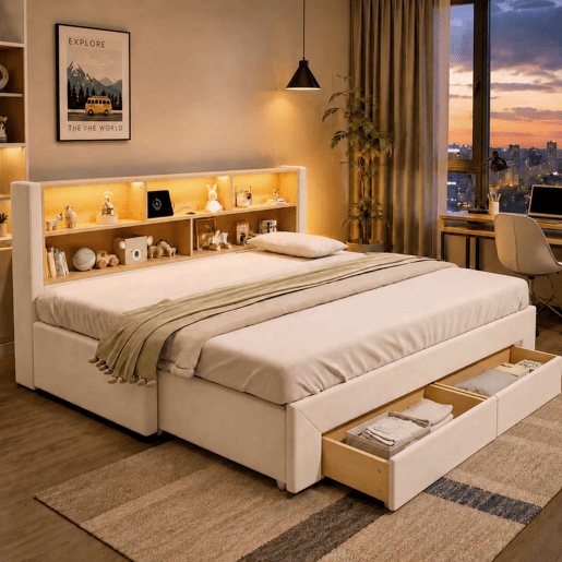 Sofá-cama para jovens 90 x 200 cm u2014 extensível até 180 cm, com 2 gavetas de arrumação, porta USB e luz LED, veludo u2014 bege