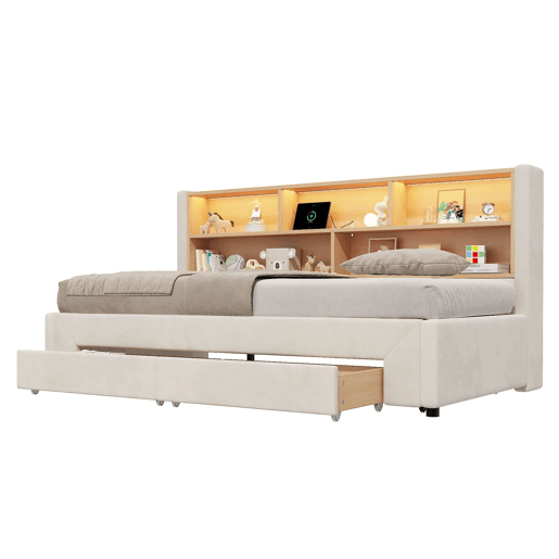 Sofá-cama para jovens 90 x 200 cm u2014 extensível até 180 cm, com 2 gavetas de arrumação, porta USB e luz LED, veludo u2014 bege