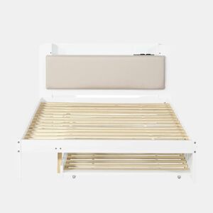 Cama funcional 120 x 200 cm com cama extraível 90 x 190 cm u2014 cabeceira almofadada, prateleira, base de carregamento e arrumação aberta u2014 Branco