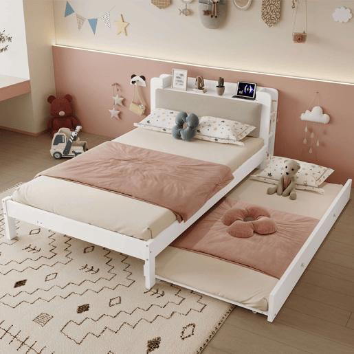 Cama funcional 120 x 200 cm com cama extraível 90 x 190 cm u2014 cabeceira almofadada, prateleira, base de carregamento e arrumação aberta u2014 Branco