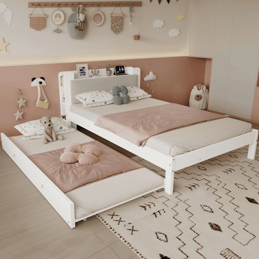 Cama funcional 120 x 200 cm com cama extraível 90 x 190 cm u2014 cabeceira almofadada, prateleira, base de carregamento e arrumação aberta u2014 Branco