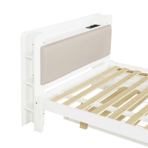 Cama funcional 120 x 200 cm com cama extraível 90 x 190 cm u2014 cabeceira almofadada, prateleira, base de carregamento e arrumação aberta u2014 Branco