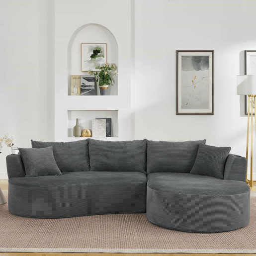 Sofá de 3 lugares com chaise longue à direita + sofá de 2 lugares - design em forma de arco, tecido de veludo cotelê macio, com porta-copos e almofadas, embalado a vácuo, para sala de estar, hotel, apartamento e escritório - cinzento Sofá de 3 lugares com chaise longue à direita + sofá de 2 lugares - design em forma de arco, tecido de veludo cotelê macio, com porta-copos e almofadas, embalado a vácuo, para sala de estar, hotel, apartamento e escritório - cinzento