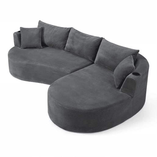 Sofá de 3 lugares com chaise longue à direita + sofá de 2 lugares - design em forma de arco, tecido de veludo cotelê macio, com porta-copos e almofadas, embalado a vácuo, para sala de estar, hotel, apartamento e escritório - cinzento Sofá de 3 lugares com chaise longue à direita + sofá de 2 lugares - design em forma de arco, tecido de veludo cotelê macio, com porta-copos e almofadas, embalado a vácuo, para sala de estar, hotel, apartamento e escritório - cinzento