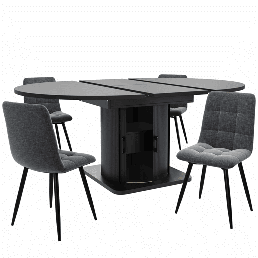 Conjunto de mesa de jantar de 5 peças para 4-6 pessoas - mesa extensível com gavetas, 4 cadeiras em linho cinzento-preto