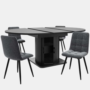 Conjunto de mesa de jantar de 5 peças para 4-6 pessoas - mesa extensível com gavetas, 4 cadeiras em linho cinzento-preto
