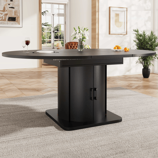 Conjunto de mesa de jantar de 5 peças para 4-6 pessoas - mesa extensível com gavetas, 4 cadeiras em linho cinzento-preto