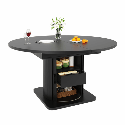 Conjunto de mesa de jantar de 5 peças para 4-6 pessoas - mesa extensível com gavetas, 4 cadeiras em linho cinzento-preto