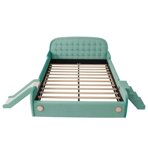 Cama infantil em forma de carro 140x200 cm u2014 com escorrega, escada, grade de segurança e design lúdico u2014 azul esverdeado