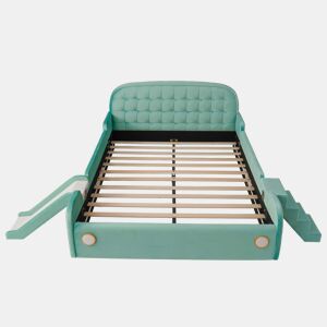 Cama infantil em forma de carro 140x200 cm u2014 com escorrega, escada, grade de segurança e design lúdico u2014 azul esverdeado