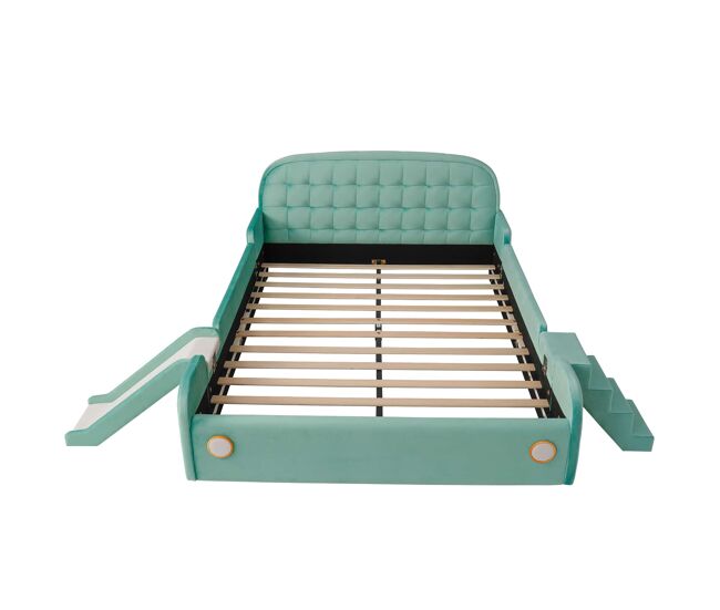 Cama infantil coche 140x200 cm - con tobogán, escalera, barandilla de seguridad y diseño de juego - azul verdoso