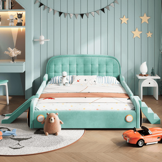 Cama infantil em forma de carro 140x200 cm u2014 com escorrega, escada, grade de segurança e design lúdico u2014 azul esverdeado