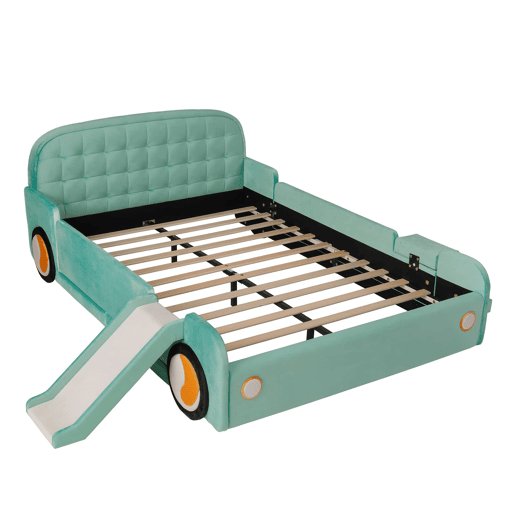 Cama infantil em forma de carro 140x200 cm u2014 com escorrega, escada, grade de segurança e design lúdico u2014 azul esverdeado