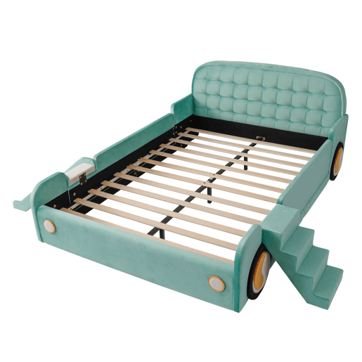 Cama infantil em forma de carro 140x200 cm u2014 com escorrega, escada, grade de segurança e design lúdico u2014 azul esverdeado