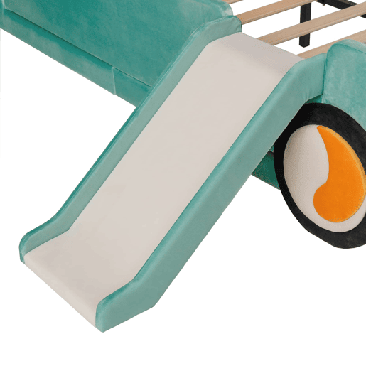 Cama infantil em forma de carro 140x200 cm u2014 com escorrega, escada, grade de segurança e design lúdico u2014 azul esverdeado