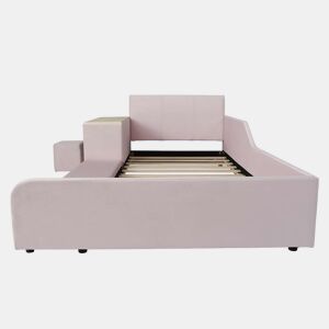 Cama infantil 90 x 200 cm u2014 com secretária e banco, cabeceira estofada com tecido macio, prateleira de arrumação e base de madeira u2014 Rosa