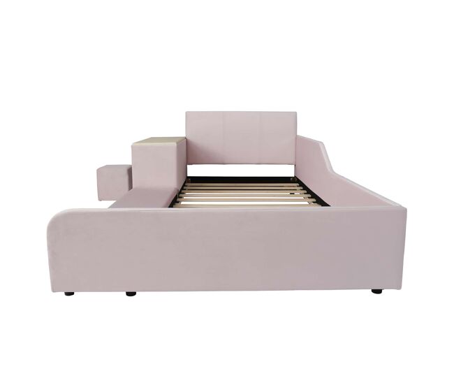Cama infantil 90x200 cm - con escritorio y taburete, cabecero tapizado suave, estante de almacenamiento y somier de madera - rosa