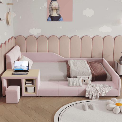 Cama infantil 90 x 200 cm u2014 com secretária e banco, cabeceira estofada com tecido macio, prateleira de arrumação e base de madeira u2014 Rosa Cama infantil 90 x 200 cm u2014 com secretária e banco, cabeceira estofada com tecido macio, prateleira de arrumação e base de madeira u2014 Rosa