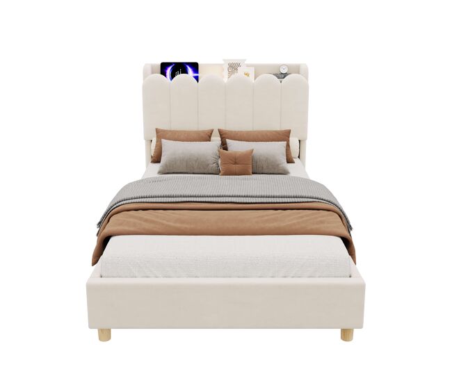 Cama individual 90x200 cm - tapizada con cabecero acolchado, somier, usb y type-c, lámpara de lectura - beige