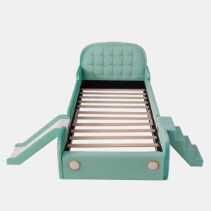 Cama infantil em forma de carro 90x200 cm u2014 com escorrega, escada, proteção anti-queda e montagem reversível u2014 azul esverdeado