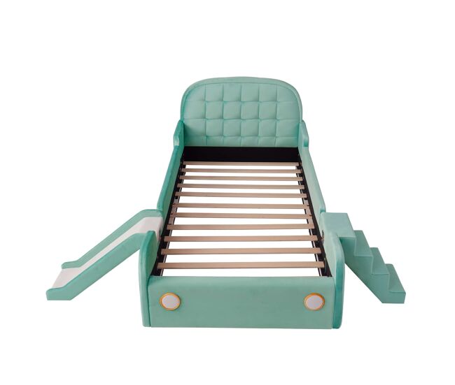 Cama infantil coche 90x200 cm - con tobogán, escalera, protección anticaídas y montaje reversible - azul verdoso
