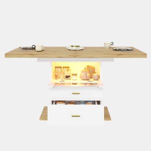 Mesa de jantar extensível 110-140 cm - iluminação LED e controlo por aplicação, com espaço de arrumação, acabamento em MDF, cozinha e sala de jantar - branco
